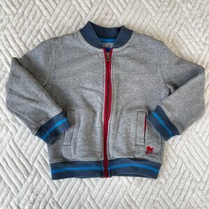 Mini Boden Boys Zip Up Bomber Sweatshirt Gray Blue Red Trim 2-3Y 3T